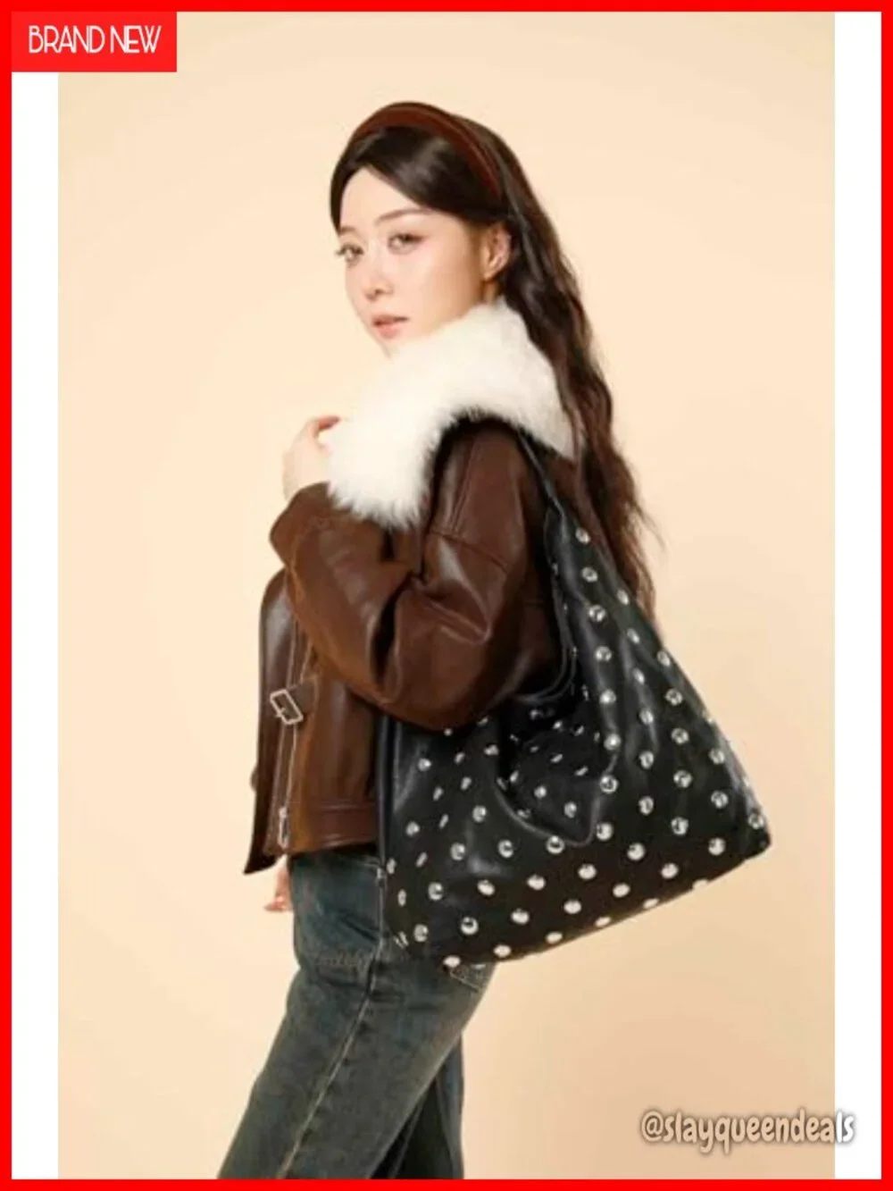 Studded Hobo Purse for Women Faux Leather Tote Shoulder Bag Punk Handbag